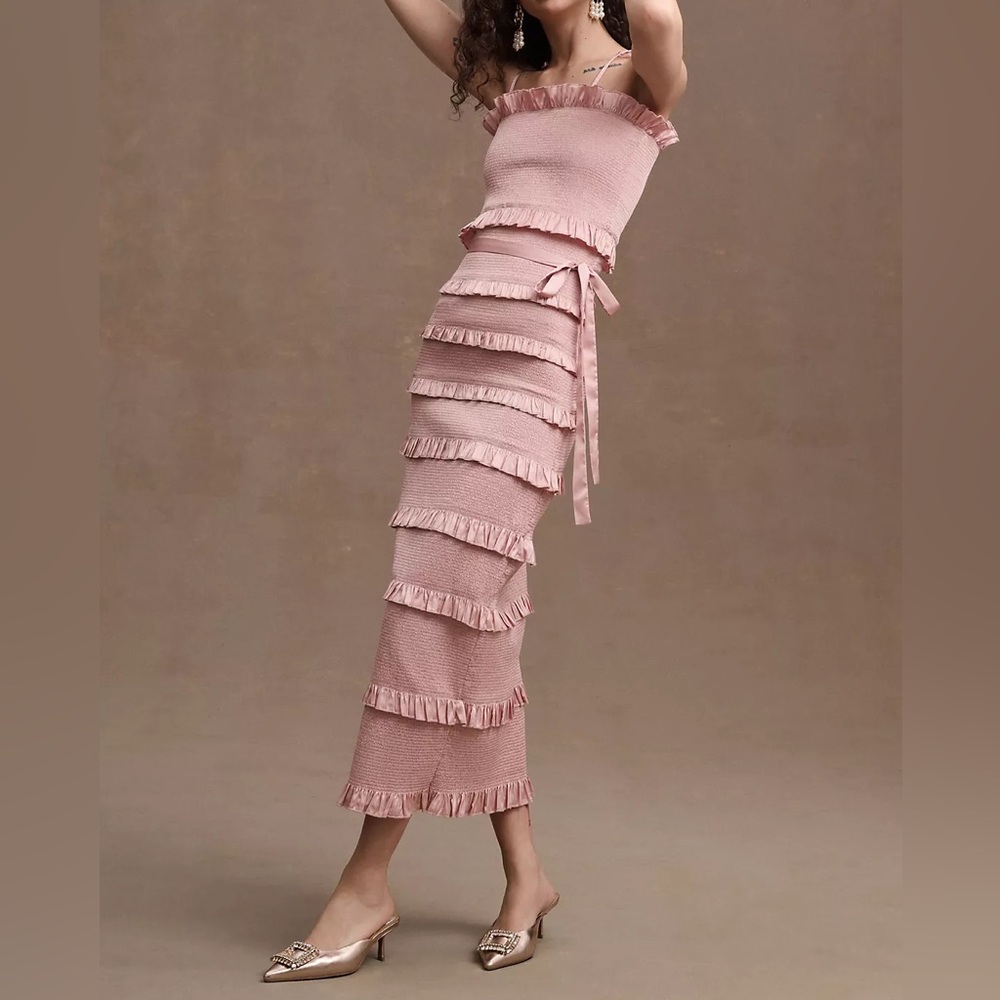 V. Chapman Lily Ruched & Ruffled Stretch Satin Midi Dress